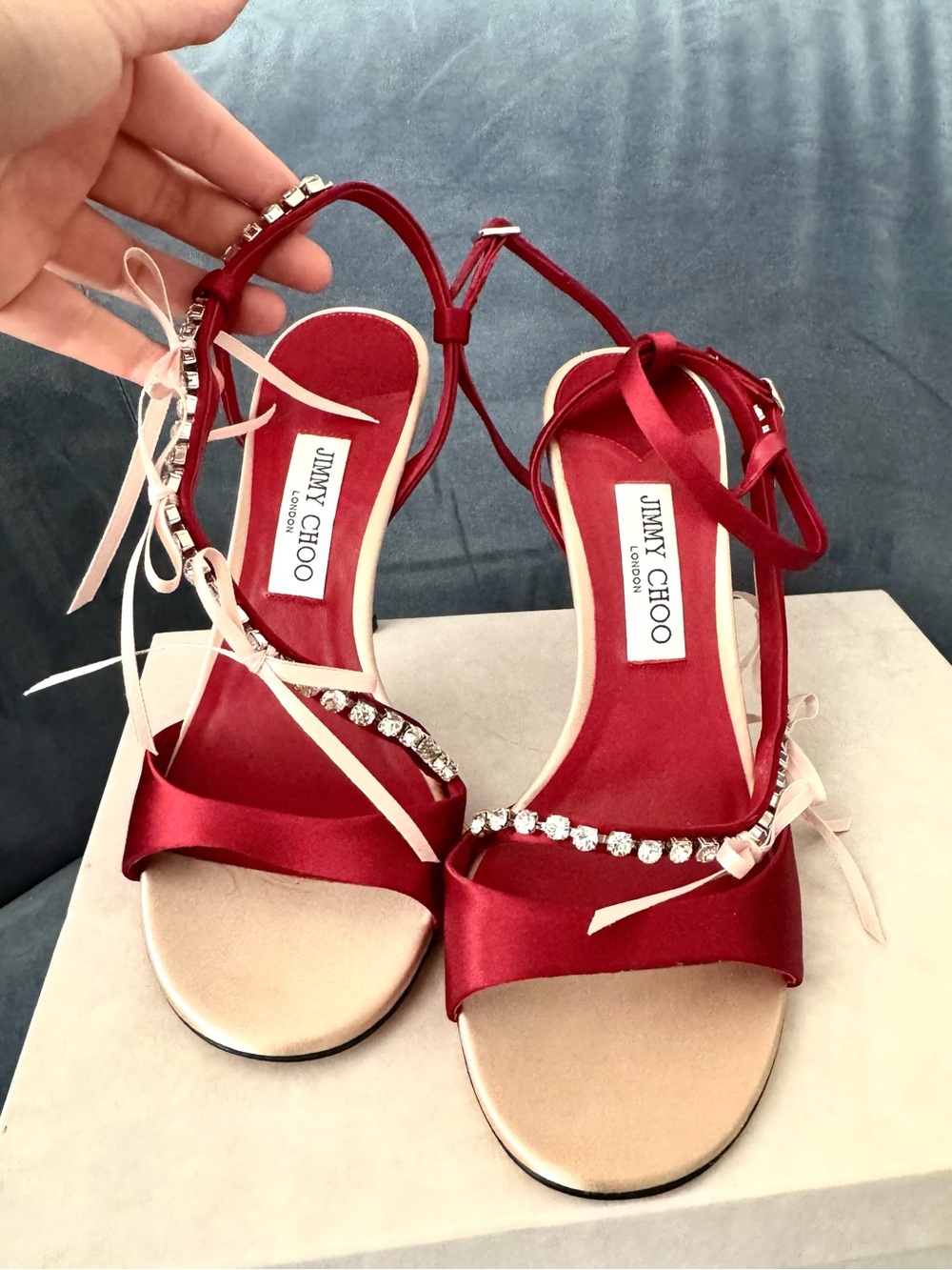 Jimmy Choo Lulu Red Satin Crystal Strap Sandals 100mm New In Box